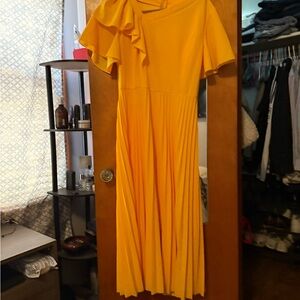 Gold Asymmetrical Pleated Midi Dress